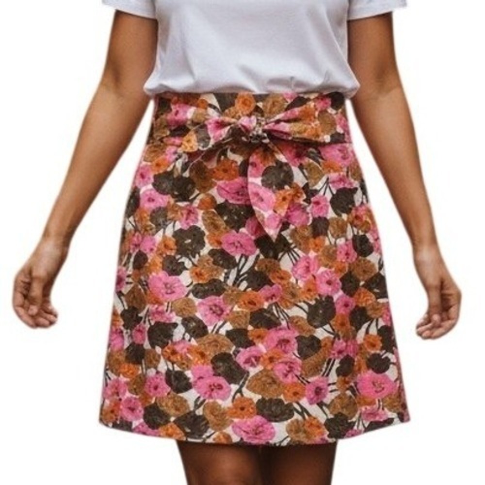 Jack Floral Mini Skirt Womens 6 Pink Brown‎ Retro Belt Tie Cotton A-Line Boho